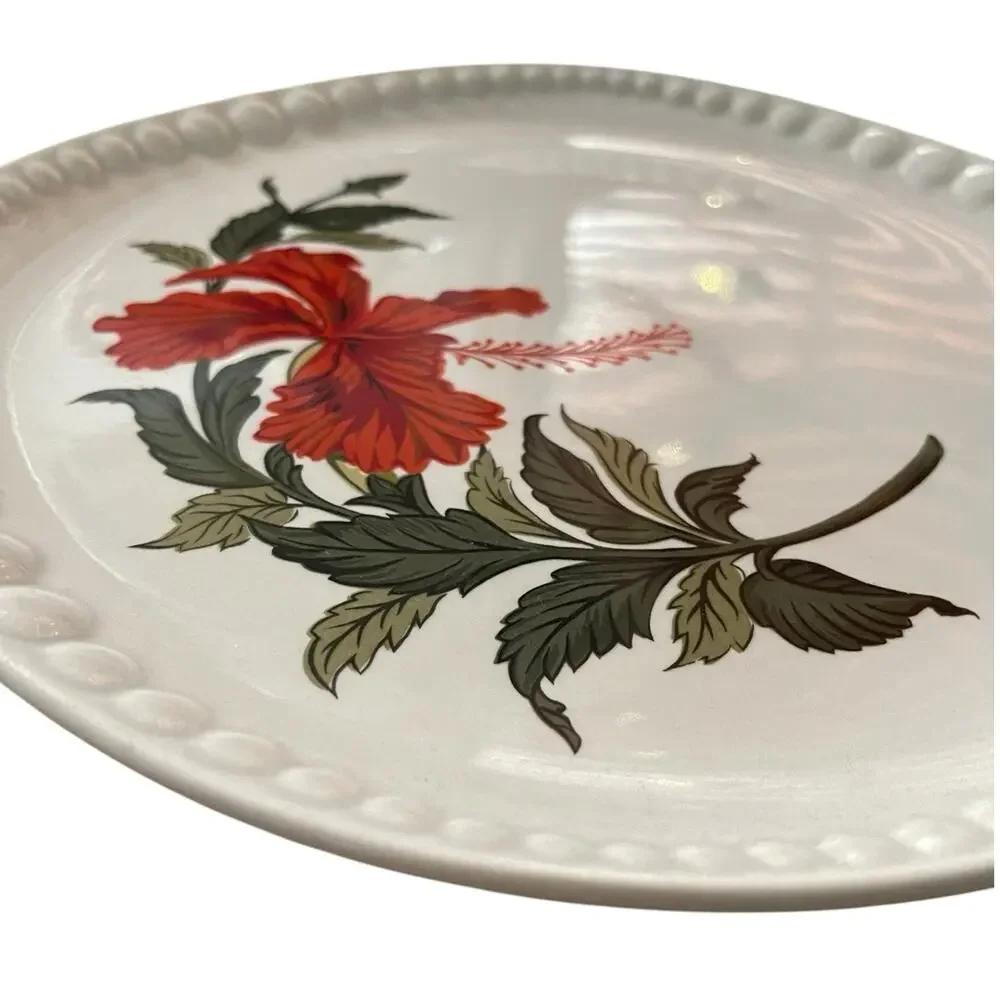 Crooksville China Company Vintage Set of Two Flamingo Red Hibiscus Dinner Plates